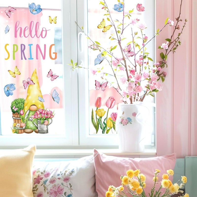 Whaline 6 Sheet Hello Spring Window Clings Pink Tulip Floral Gnome Butterfly Reusable Window Decals for Home School Office Party Supplies - Image 3